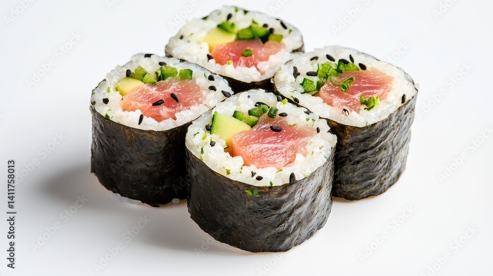 International sushi day with Japanese roll idea. Sushi rolls arranged on a white background. International sushi day with Japanese roll idea. Sushi rolls arranged on a white background.