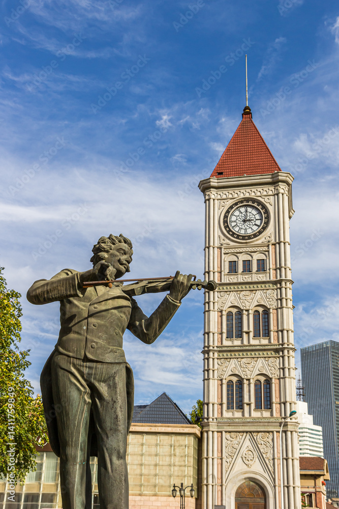 Statue of composer Strauss in the Italian style neighbourhood in Tianjin, China