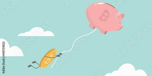 Financial freedom, digital money, bitcoin rate rise. Cryptocurrency savings, profit, profitable investment, blockchain vector illustration