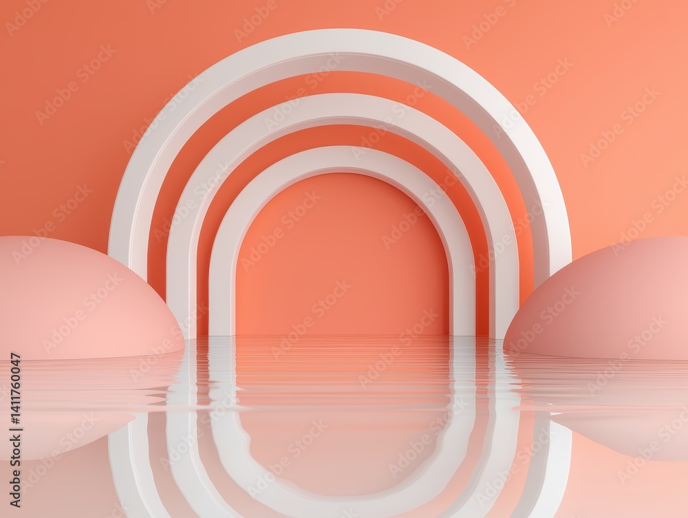 Fototapeta premium Futuristic Abstract Scene with White Arches and Rounded Shapes Reflecting on a Calm Orange Background