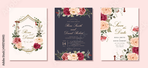 wedding invitation set with romantic floral watercolor frame