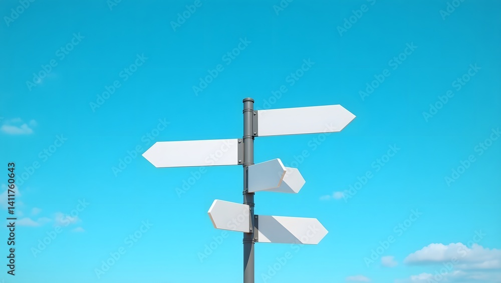 Blank Multi-Directional Signpost Against Blue Sky, Concept of Direction and Choice, road sign Blank Multi-Directional Signpost Against Blue Sky, Concept of Direction and Choice, road sign