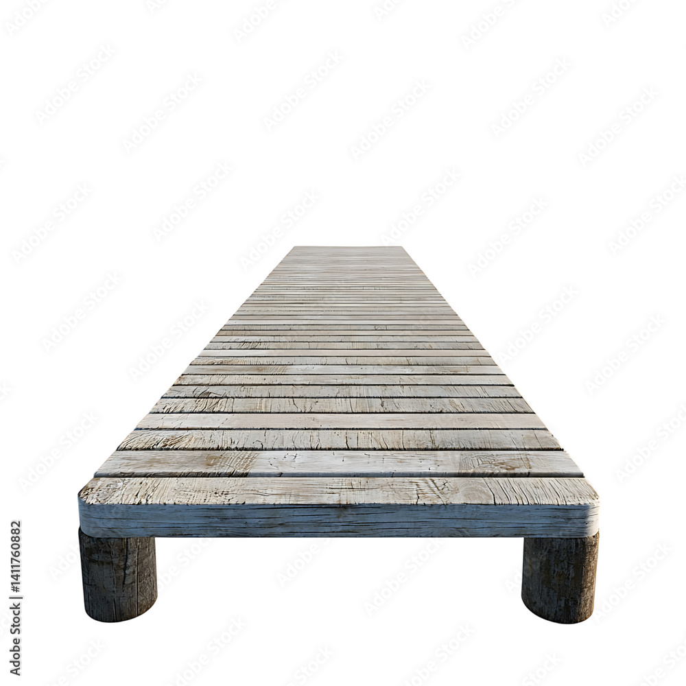 Realistic wooden dock with weathered planks and posts extending into perspective on a clean isolated transparent background