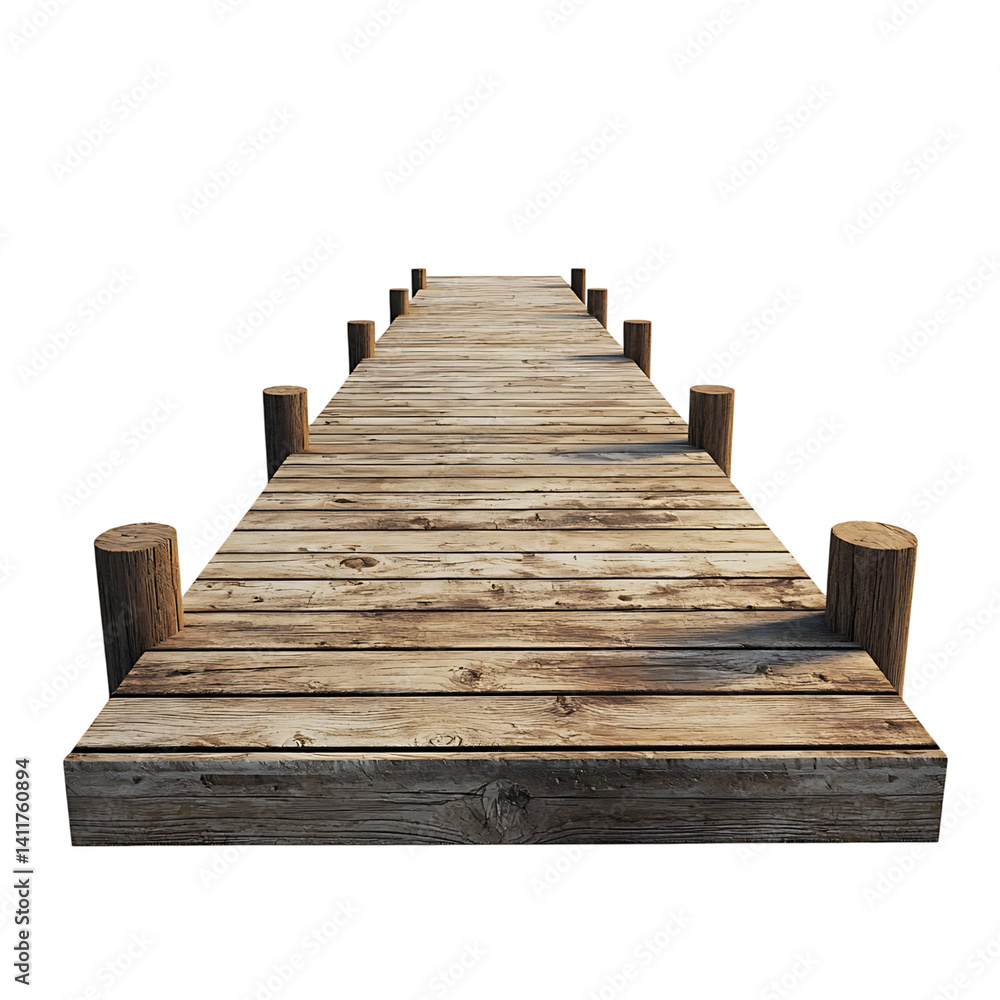 Realistic wooden dock with weathered planks and posts extending into perspective on a clean isolated transparent background