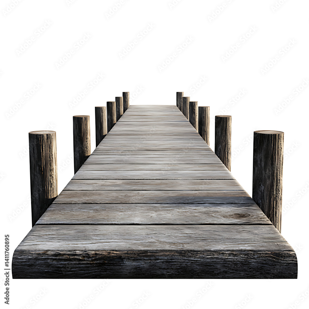 Realistic wooden dock with weathered planks and posts extending into perspective on a clean isolated transparent background Realistic wooden dock with weathered planks and posts extending into perspective on a clean isolated transparent background