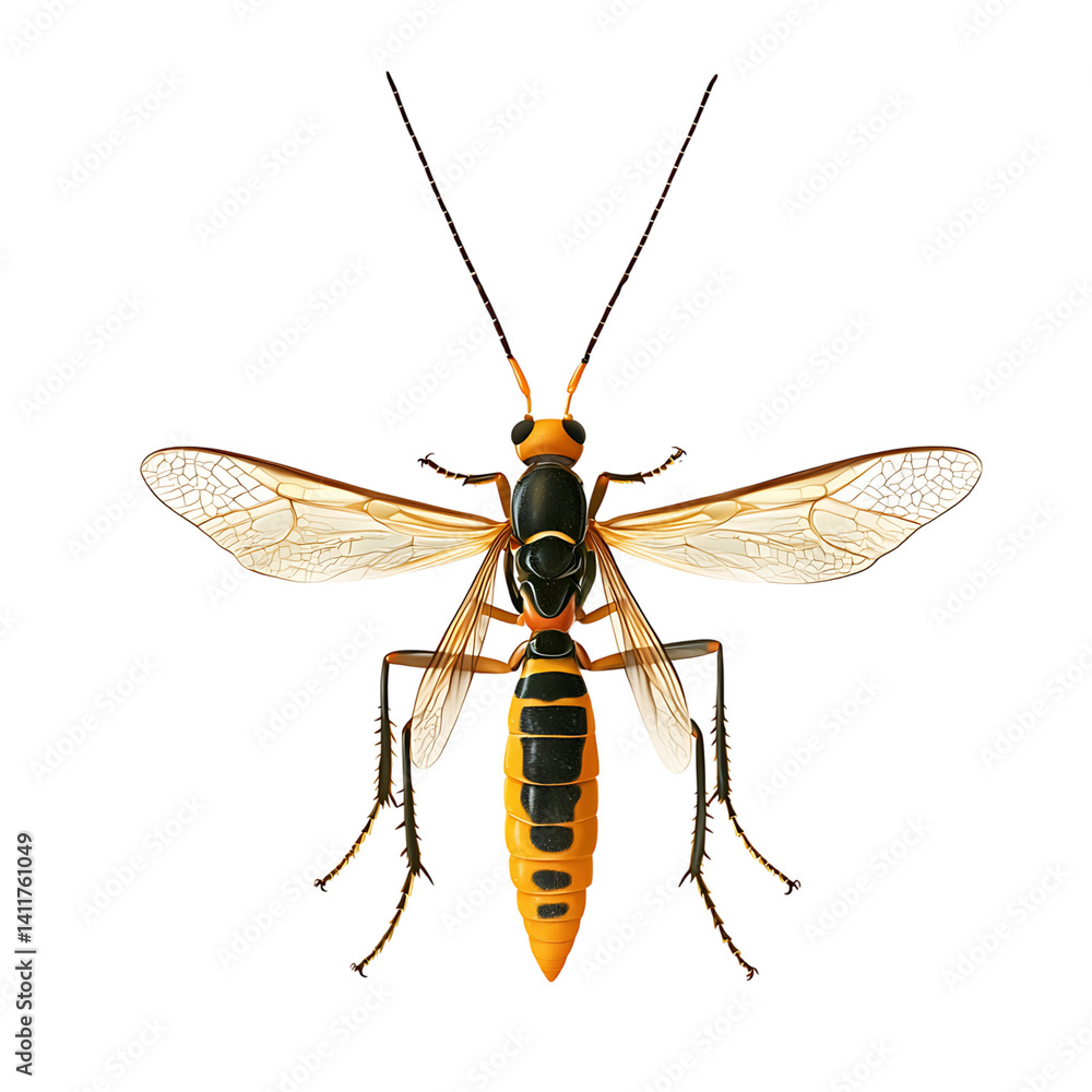 Highly detailed illustration of a parasitic ichneumon wasp with wings, striped body, and long antennae on a clean transparent background