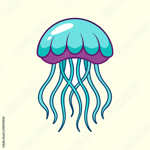 A cute cartoon jellyfish with Summer Objects turquoise and purple coloring floating serenely