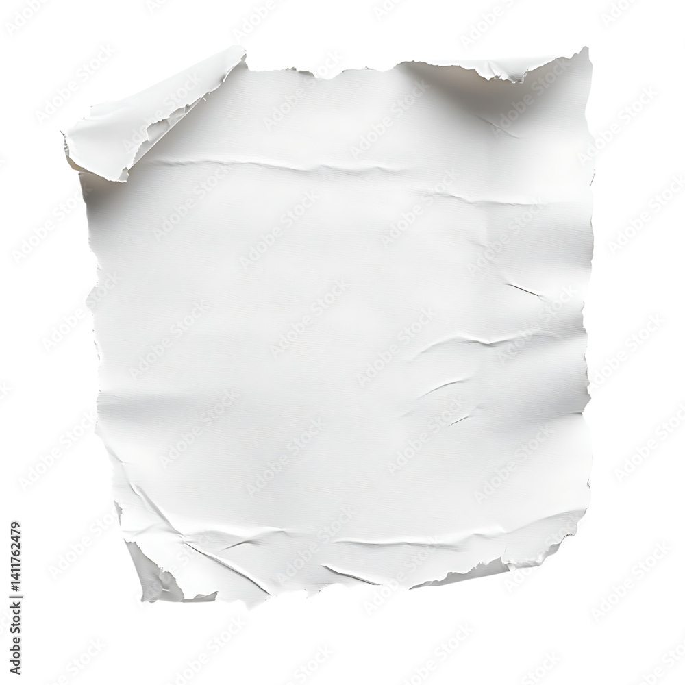 Crumpled and torn white paper sheet shown in a realistic isolated view on a clean transparent background