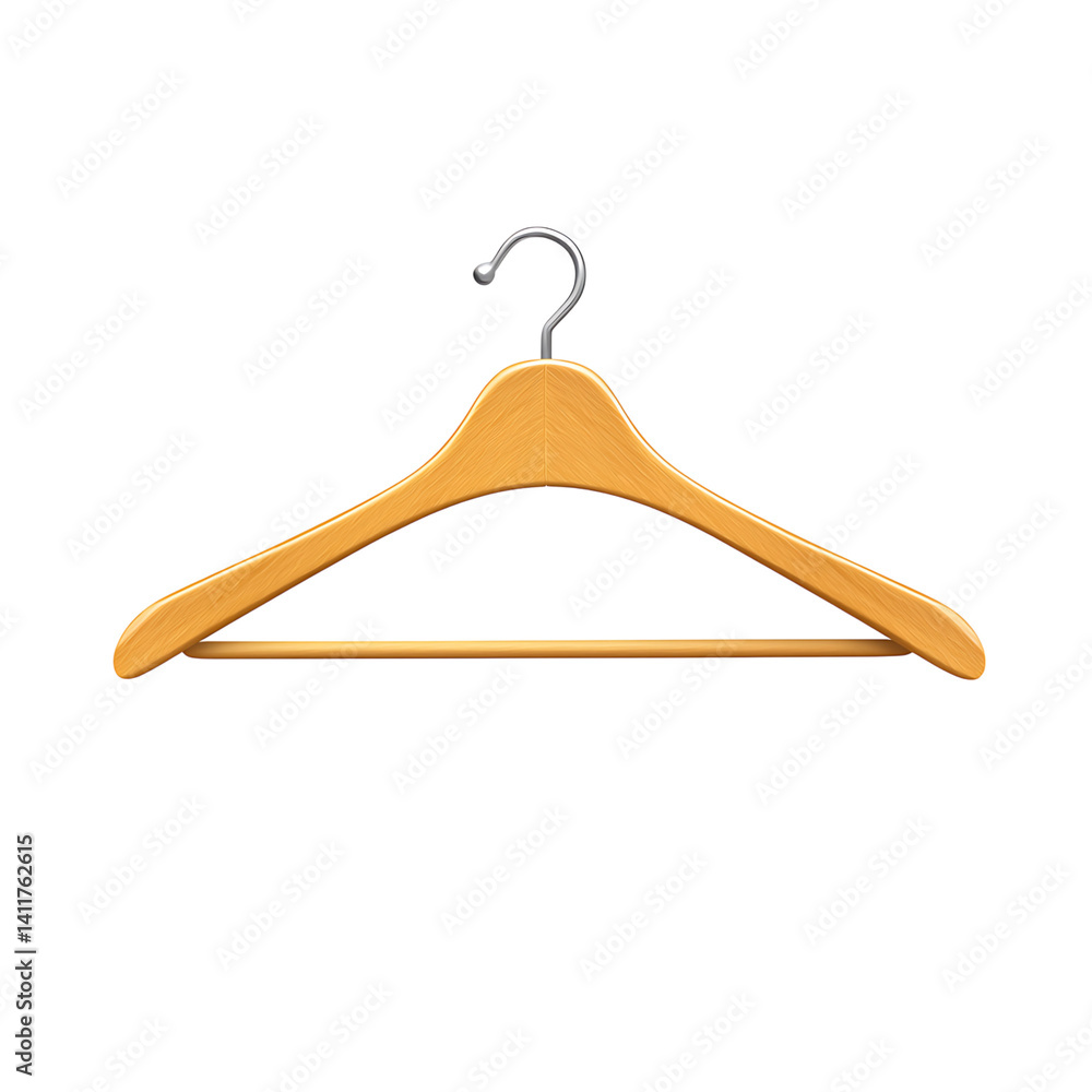 Realistic wooden clothes hanger with metal hook and smooth finish isolated on a clean transparent background