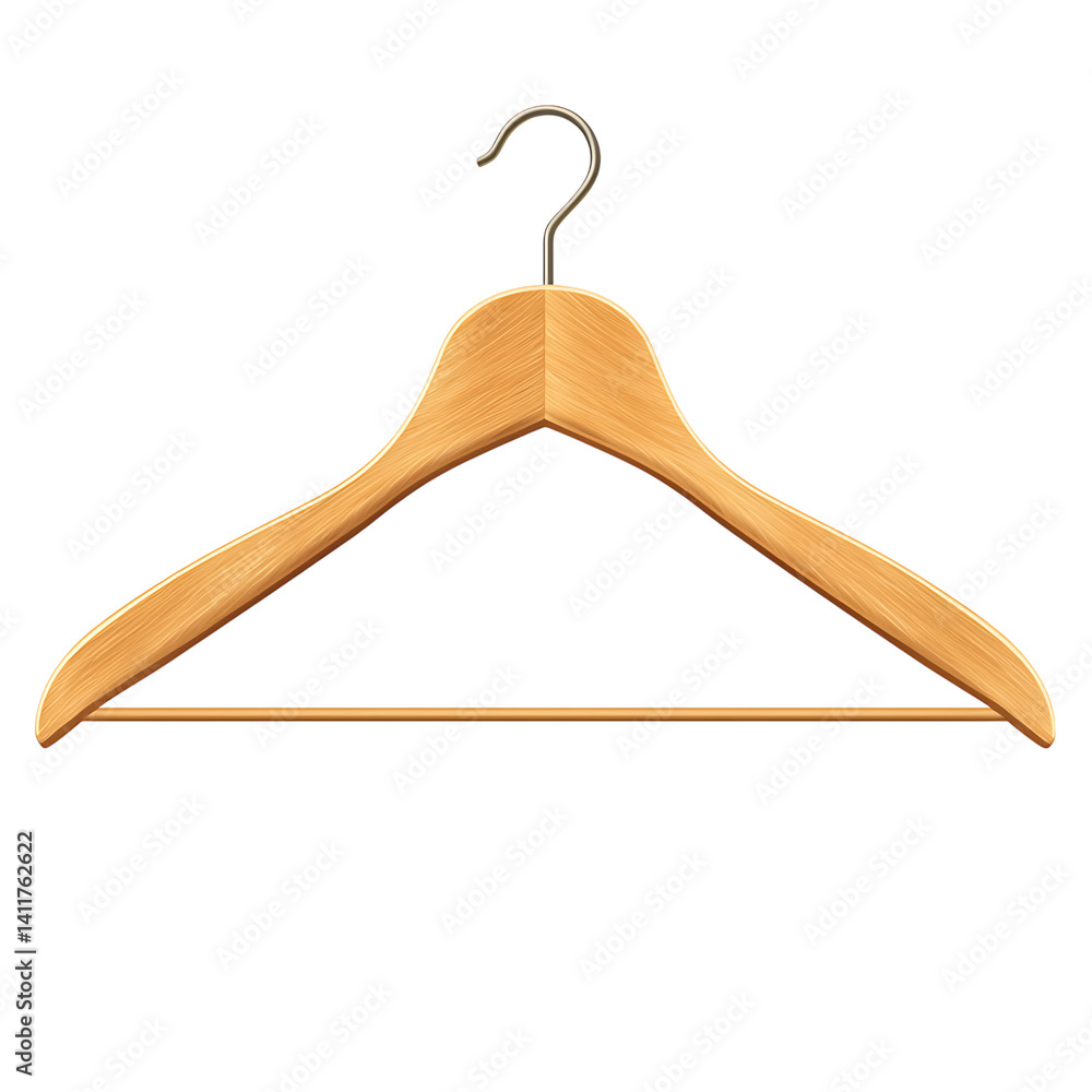 Realistic wooden clothes hanger with metal hook and smooth finish isolated on a clean transparent background