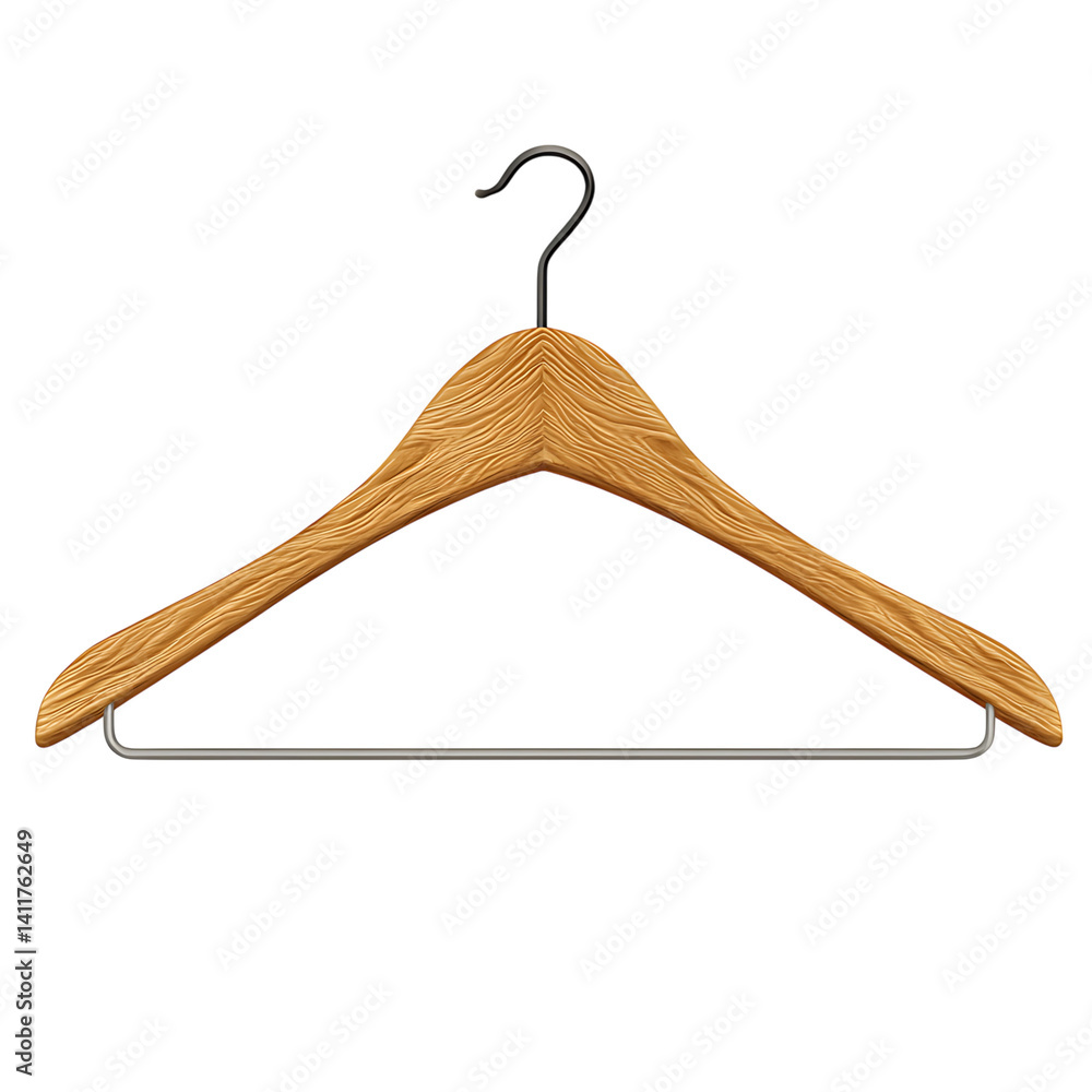Realistic wooden clothes hanger with metal hook and smooth finish isolated on a clean transparent background