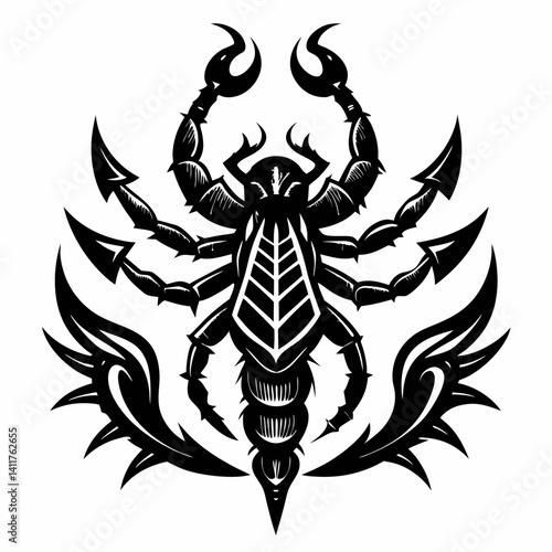 Intricate Tribal Scorpion Tattoo Design with Detailed Black Ink Patterns