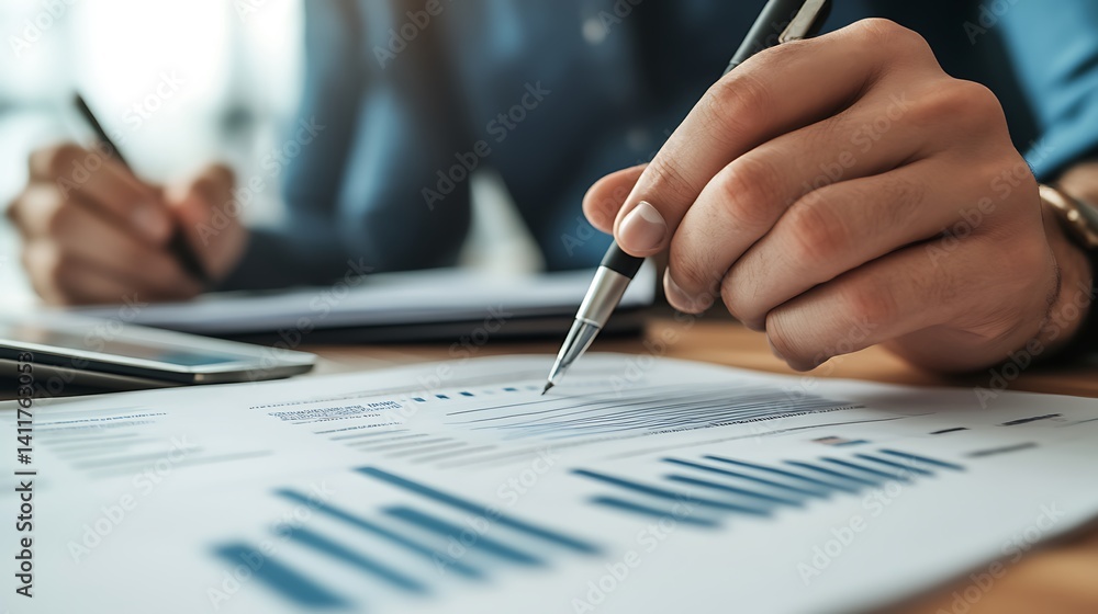 Closeup of Hands Reviewing Financial Charts and Documents During a Business Meeting Closeup of Hands Reviewing Financial Charts and Documents During a Business Meeting