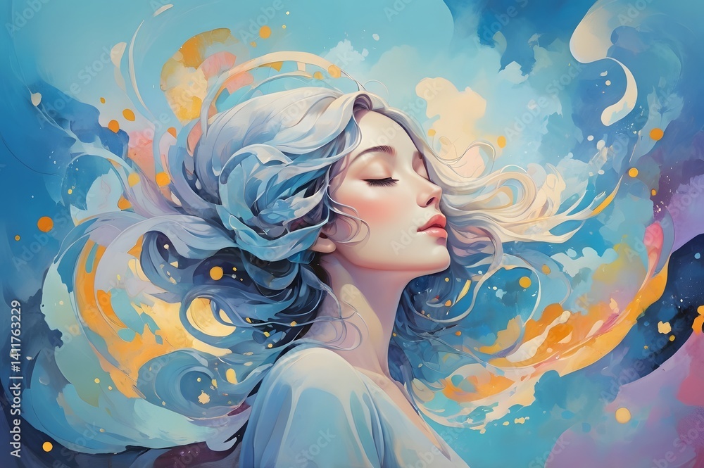 Dreamlike Silhouette with Flowing Hair in a Vivid Abstract Realm and joy Dreamlike Silhouette with Flowing Hair in a Vivid Abstract Realm and joy