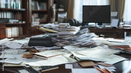 Chaotic Office Desk with Piles of Paperwork and Office Supplies
