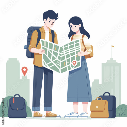 Vector illustration of a couple looking at a map with backpacks in front of a city skyline
