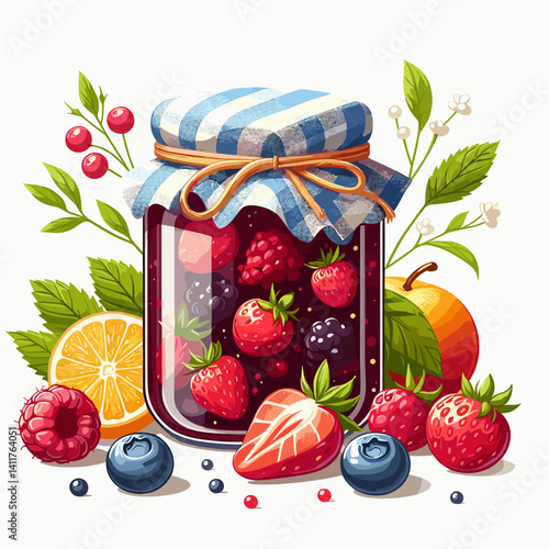 Vector illustration of a jar of mixed berry jam surrounded by fresh fruits