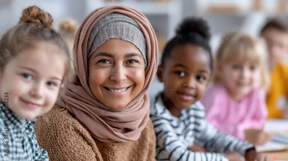 Fototapeta premium A multicultural group of teachers instructing students in a classroom setting - study university lecture