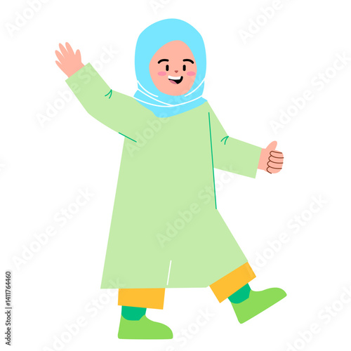 Girl children waving happy greetings colorful character of beautiful adorable Arab girl wearing hijab veil