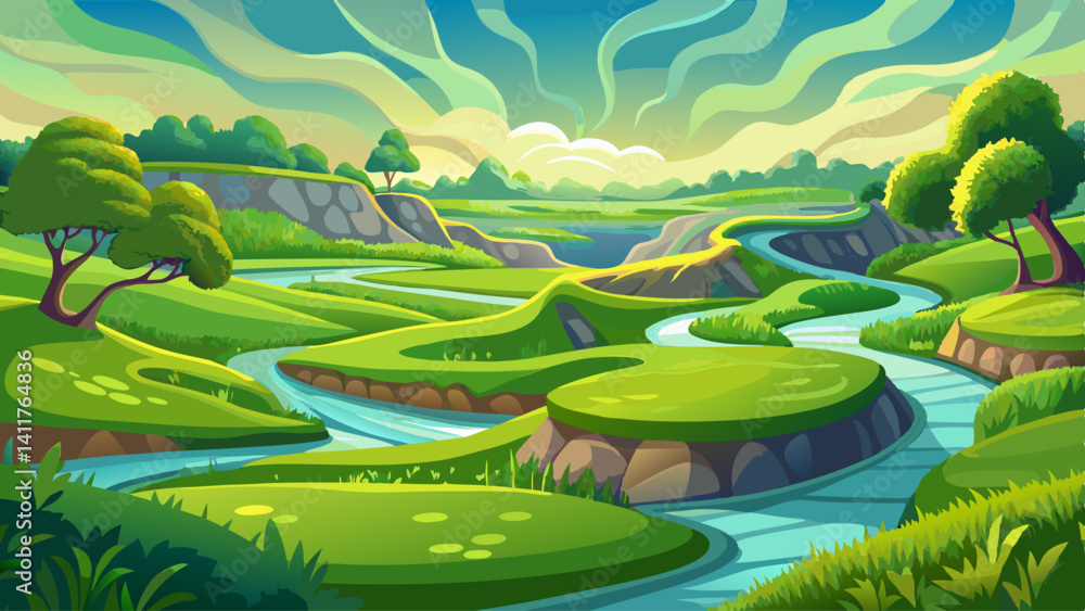 Lush grassy mounds form natural waves across the open park landscape. Lush grassy mounds form natural waves across the open park landscape.