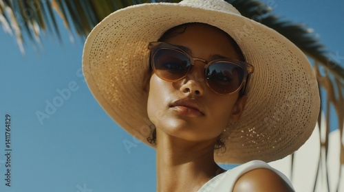 editorial fashion photo, model posing in summer outfit, dramatic shadows, high contrast, magazine cover style