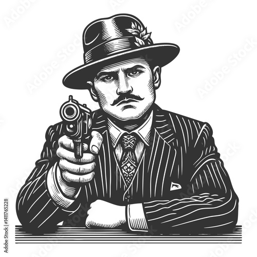 serious-faced gangster in a fedora and pinstripe suit, aiming handgun directly forward in a dramatic noir-style pose sketch engraving generative ai vector illustration. Scratch board. Black and white