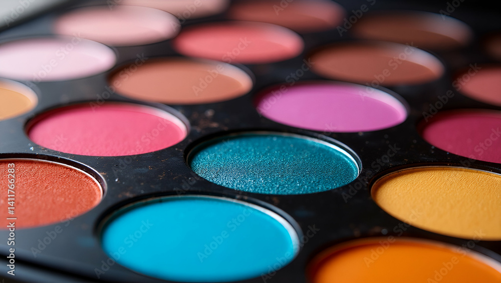 Striking image featuring a vibrant eye shadow palette with a diverse range of color swatches that exemplify artistic design and professional makeup quality in Photo Stock Concept and empty space on Striking image featuring a vibrant eye shadow palette with a diverse range of color swatches that exemplify artistic design and professional makeup quality in Photo Stock Concept and empty space on