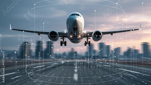 Technology-driven aviation, aircraft with digital communication HUD lifting off from airport