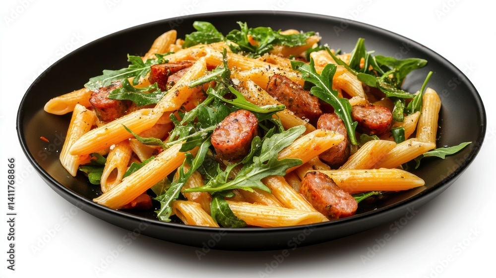 A vibrant plate of penne pasta mixed with slices of sausage and fresh arugula, garnished with herbs and spices. A vibrant plate of penne pasta mixed with slices of sausage and fresh arugula, garnished with herbs and spices.