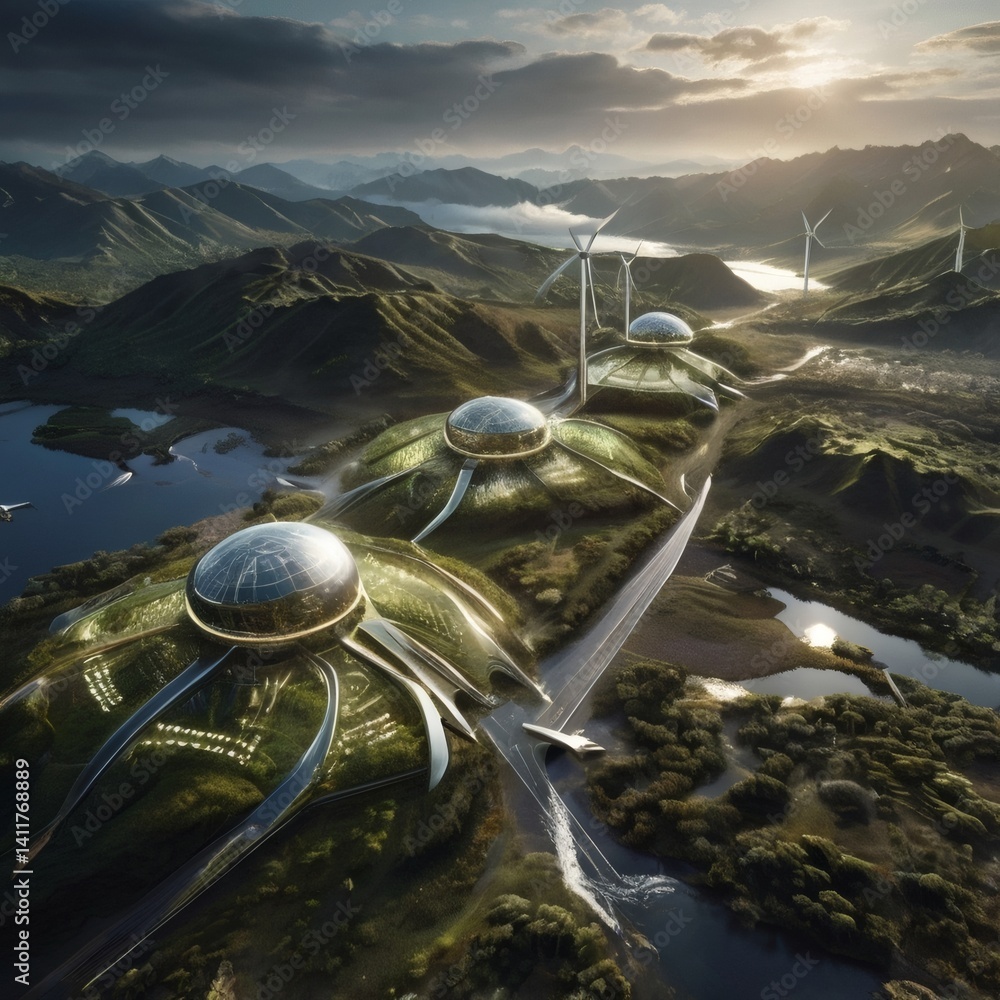 Naklejka premium An innovative digital design merging high-tech corporate imagery with symbols of renewable energy and eco-resilience. 