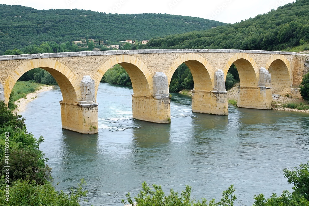 Fototapeta premium Ancient Stone Bridge Arch River Landscape