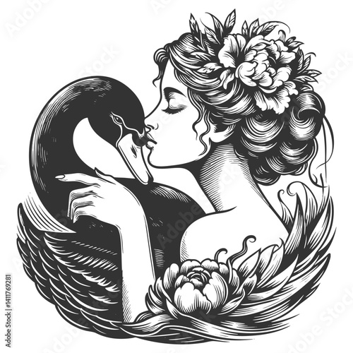 woman tenderly kissing a black swan, symbolizing intimacy with chaos, mystery, or rare events sketch engraving generative ai vector illustration. Scratch board imitation. Black and white image.