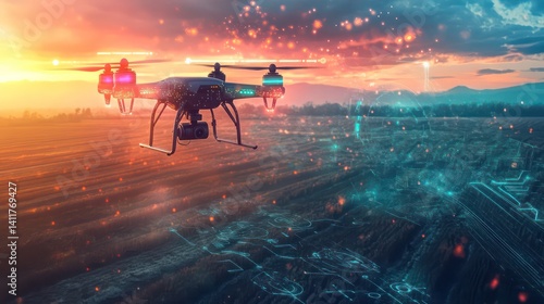 AI-powered drones fly over vast agricultural fields, lit with sensors and lights, capturing high-res images and real-time topographic maps. Digital painting.

