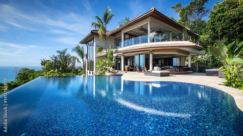 Fototapeta premium Luxury Home with Infinity Pool Overlooking Ocean View