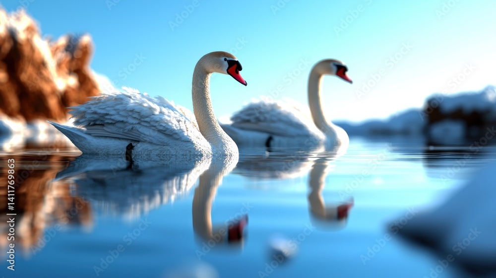 Fototapeta premium Two swans glide on a serene winter lake, with snowy mountains in the background. Possible use Nature, wildlife, tranquility