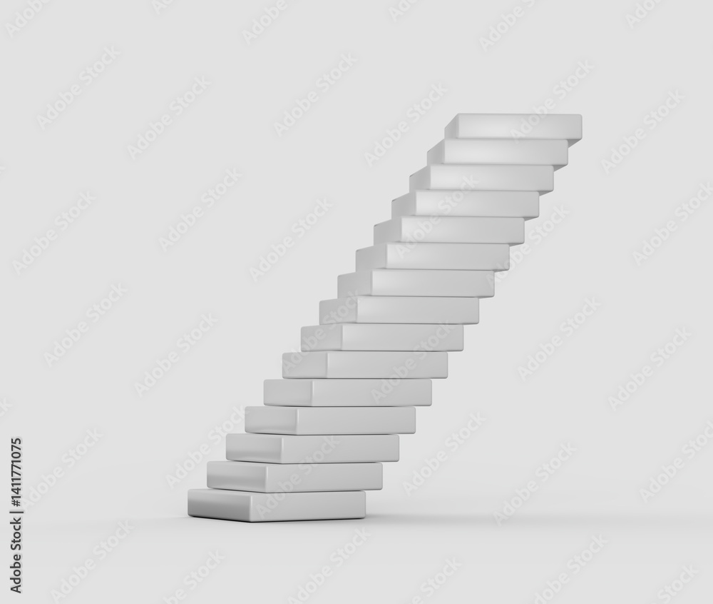 Obraz premium Stack of white rectangular blocks, slightly offset to create a leaning tower effect. 3D Illustration