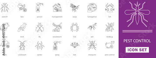 Pest control editable line icon set. with woodworm, tick, mosquito, ant, mole, cockroach and spider. stroke icon collection. 