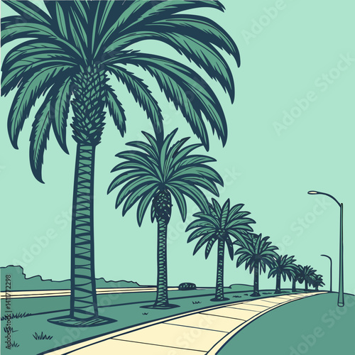 A street lined with palm trees under  blue sky