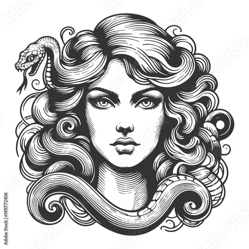Woman with snakes on head Medusa, the mythical Gorgon, with detailed snakes entwined in her hair, blending beauty and danger sketch engraving generative ai vector illustration. Black and white image.