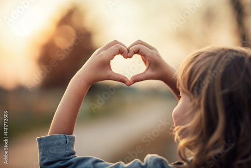 A child's hand making a heart shape in the foreground for Mother's Day, the background should be blurry