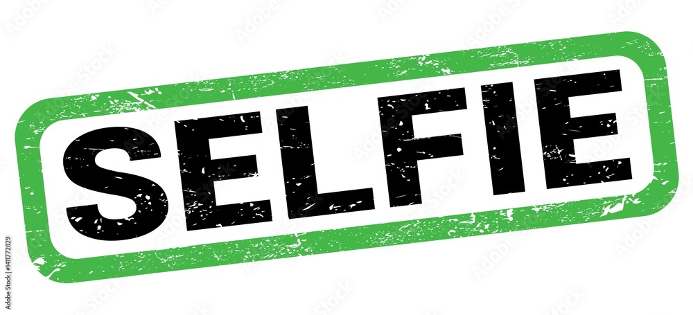 SELFIE text written on green-black rectangle stamp.