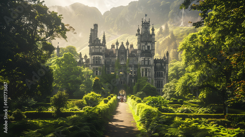 Enchanting castle surrounded by lush gardens and trees in the morning light