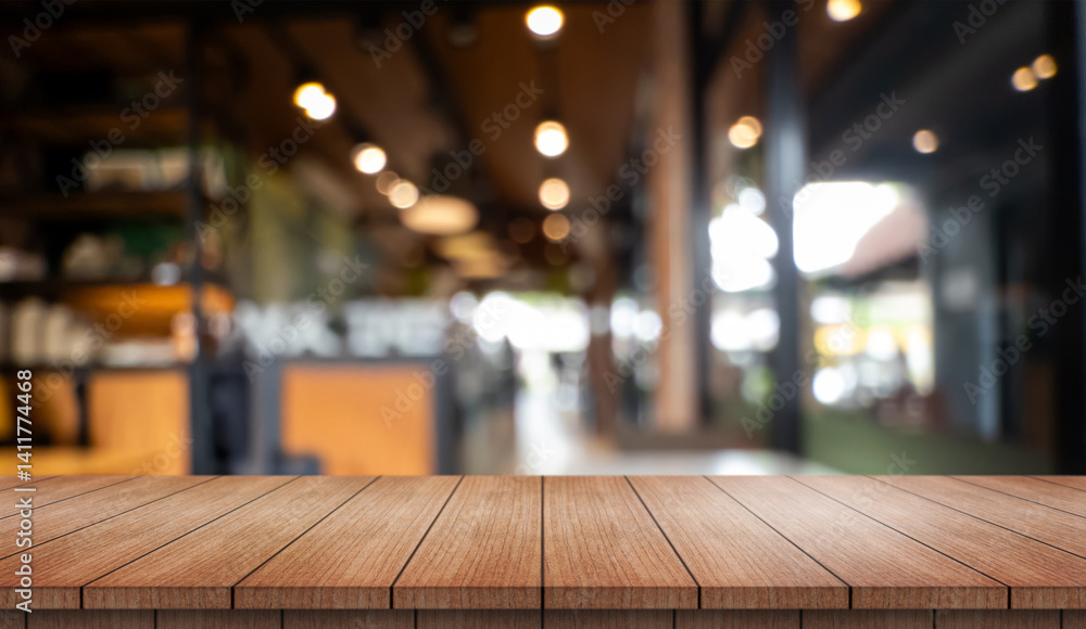 Empty wooden table top with lights bokeh on blur restaurant background. Empty wooden table top with lights bokeh on blur restaurant background.