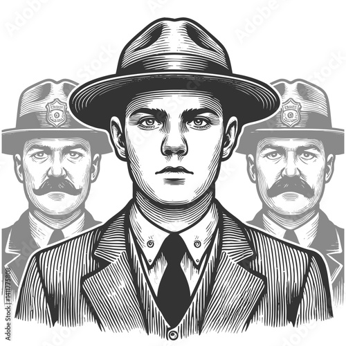 two uniformed officers flanking a serious-looking man in a suit and hat, symbolizing an escorted suspect sketch engraving generative ai vector illustration. Scratch board. Black and white image.