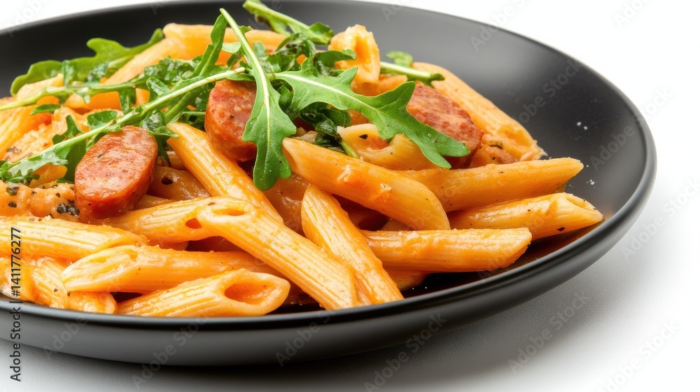 A vibrant plate of penne pasta mixed with slices of sausage and fresh arugula, garnished with herbs and spices. A vibrant plate of penne pasta mixed with slices of sausage and fresh arugula, garnished with herbs and spices.