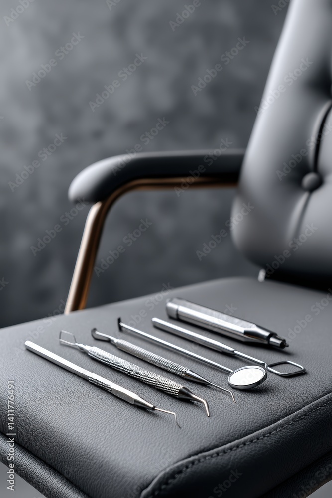 A dentist's chair with dental tools and instruments in the background; a partially visible patient's headrest - instruments toothache tooth healthcare A dentist's chair with dental tools and instruments in the background; a partially visible patient's headrest - instruments toothache tooth healthcare