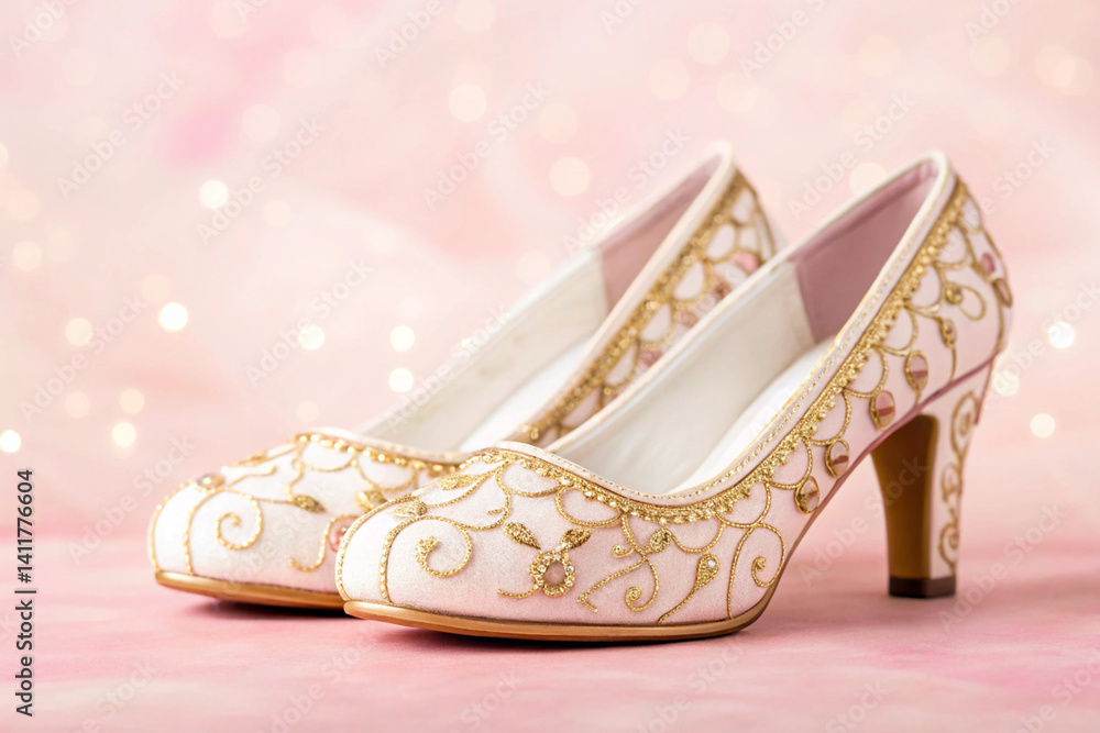 Fototapeta premium a pair of fairytale nostalgic bridal shoes. background&nbsp;pink&nbsp;blur