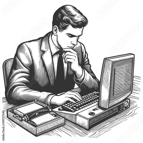 thoughtful man in a suit working at a classic desktop computer, symbolizing early office technology sketch engraving generative ai vector illustration. Scratch board imitation. Black and white image.