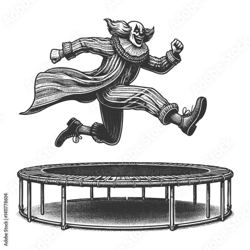 cheerful clown energetically leaping over a trampoline, whimsical and playful circus-themed scene sketch engraving generative ai vector illustration. Scratch board imitation. Black and white image.