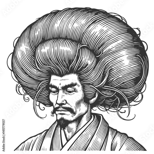 Asian japanese elderly man with an enormous, wild hairstyle and a long beard, wearing traditional robes sketch engraving generative ai character vector illustration. Scratch board. Black and white.
